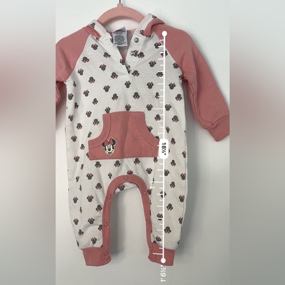 Disney Baby Minnie Mouse Ears Pink Bow Hoodie Footie 3-6M Cotton Blend One Piece - Picture 6 of 13